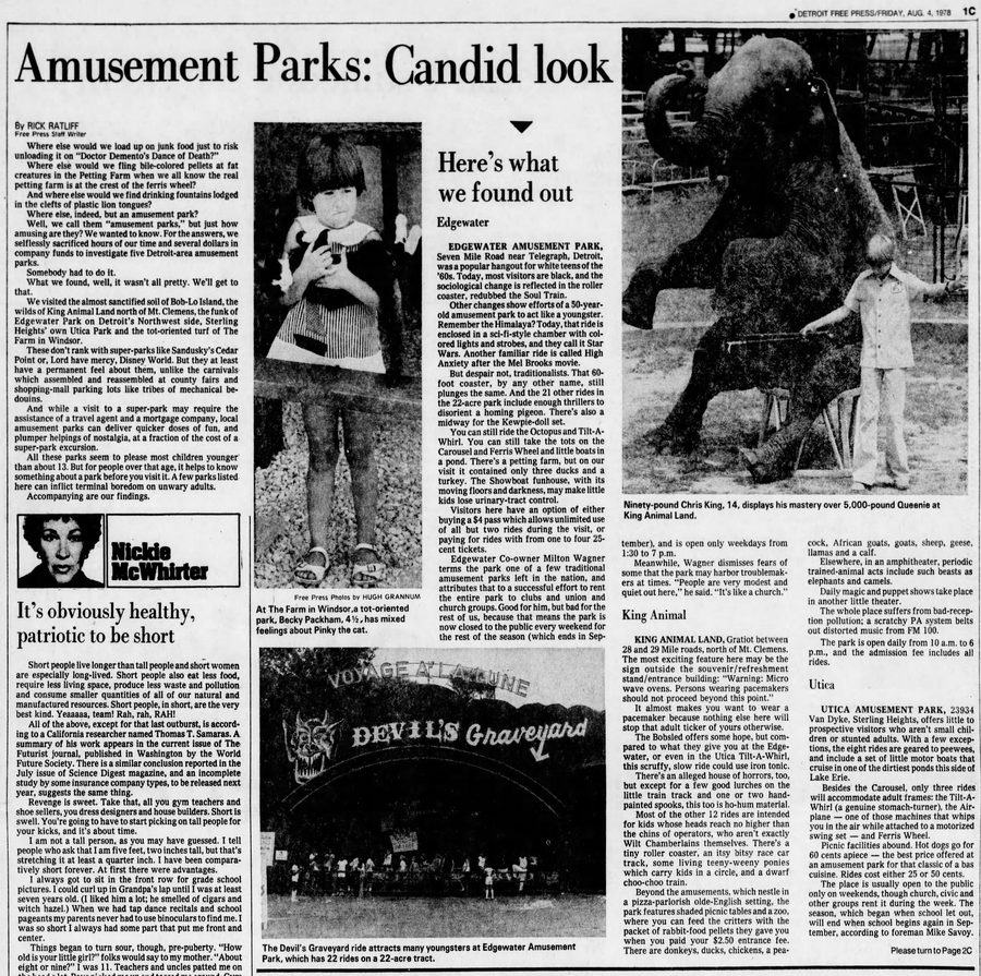 Aug 1978 article on mich amusement parks King's Animaland Park, Richmond